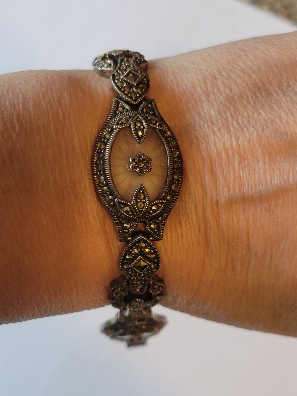 Judith Jack Vintage Sterling Silver  Camphor Glass/Marcasite Filigree Bracelet